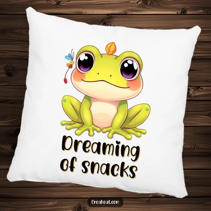 Funny kawaii frog pillow, featuring a cute character with big eyes attempting to catch a fly, offering humorous comfort.