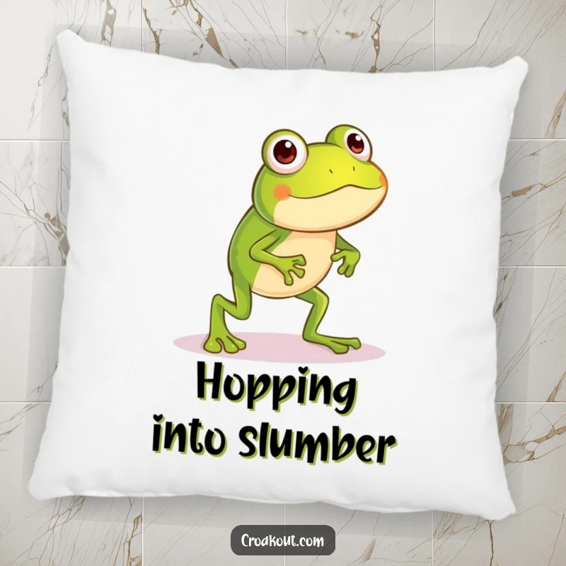 Funny frog pillow designed with a little character sporting long legs in a silly hop, offering comfort and a comical visual.