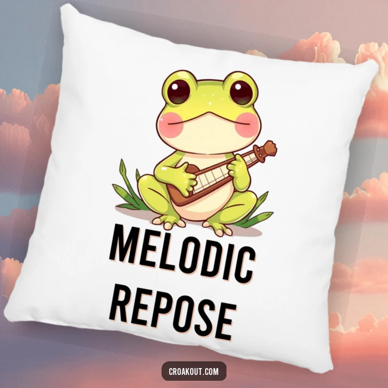 Funny pillow with a charming frog character playing a miniature reed instrument, offering comfort and a delightful, musical aesthetic.