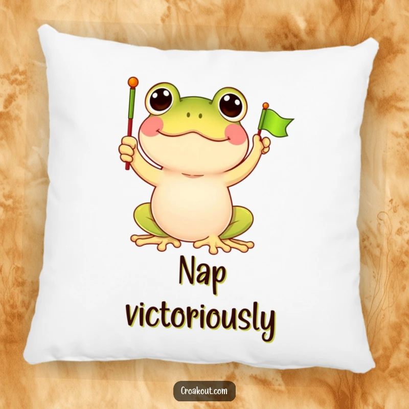 Funny frog pillow featuring a delighted frog character waving a tiny flag, perfect for adding a touch of soft, cartoonish celebration.