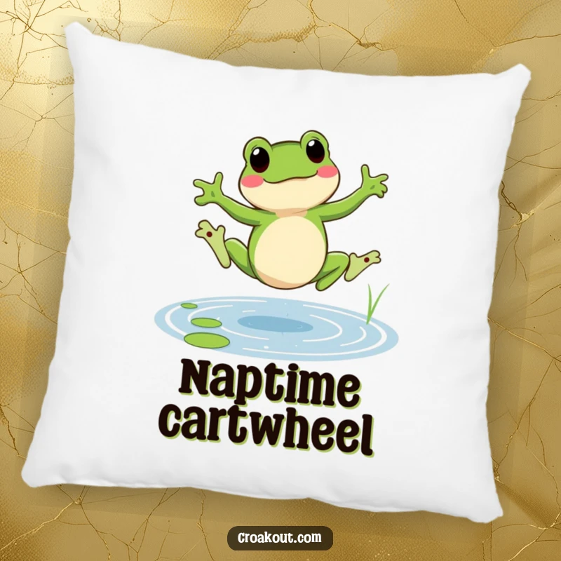 Funny frog pillow showing a cheerful amphibian doing a cartwheel in a pond, a humorous and comforting decorative accessory.