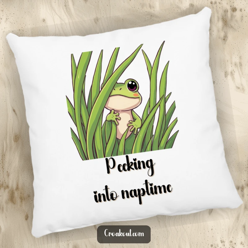 Funny frog pillow designed with a curious character peeking from behind a blade of grass, offering comfort and a comical visual surprise.