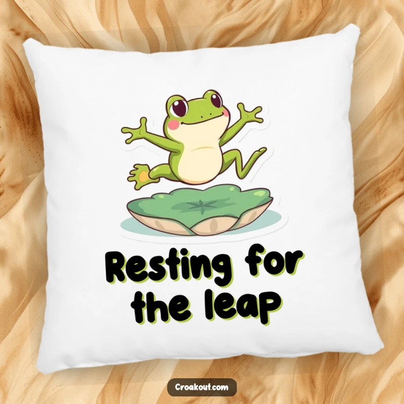 Funny frog pillow with a green amphibian energetically leaping over a lily pad, a humorous and comfortable decorative accent.