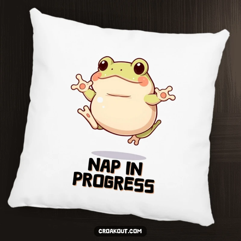 Funny clumsy frog pillow showing a plump amphibian mid-jump with comical awkwardness, a comfortable funny gift.
