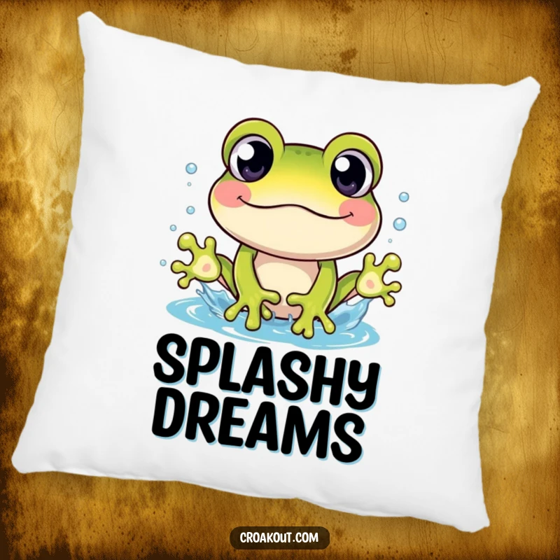 Funny pillow with a cheerful frog character, wide-eyed and in the midst of a splash, adding whimsy.