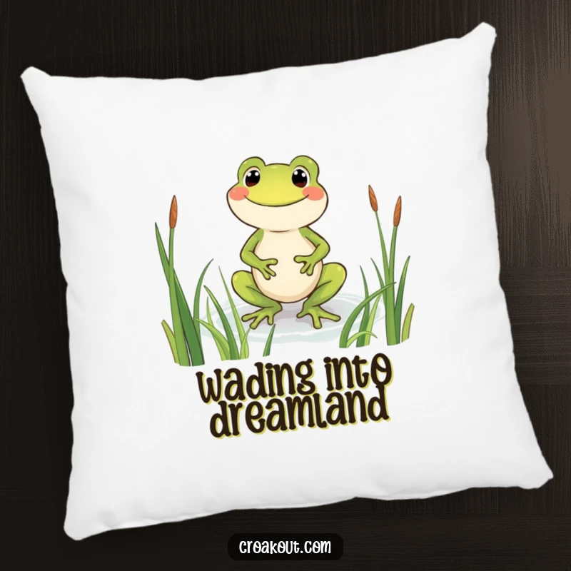 Funny frog pillow designed with a beaming character wading through reeds, offering plush comfort and a cheerful, humorous visual.