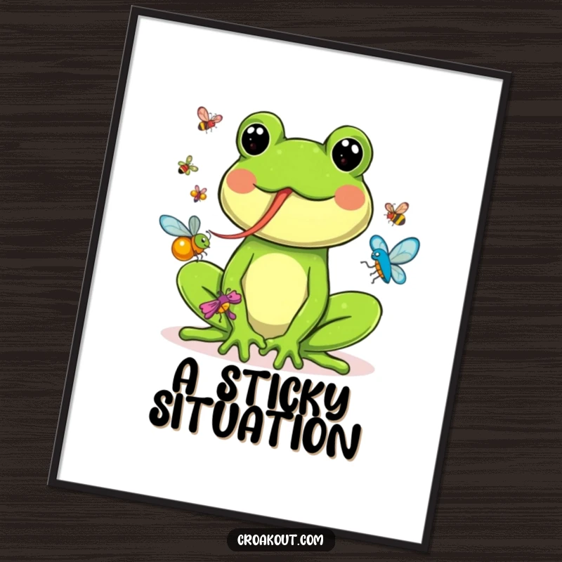 Funny digital art print of a frog with its long tongue out, actively catching a variety of colorful bugs, full of joy.