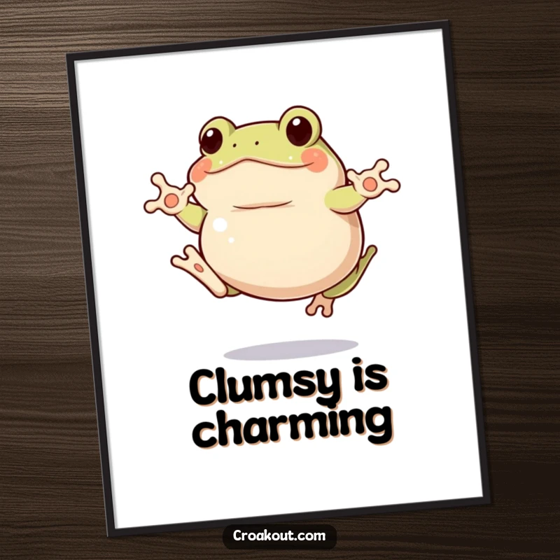 Funny clumsy frog digital art print of a plump amphibian mid-jump with comical awkwardness, a funny gift.