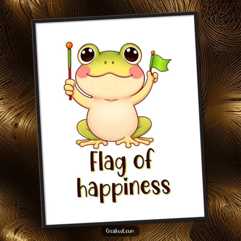 Funny frog digital art print of a happy frog character waving a tiny green flag, perfect for adding cartoon cheer to any decor.