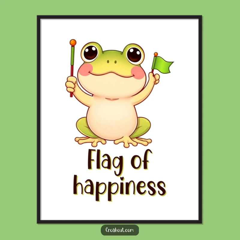 Funny Frog Flag Waving Digital Art: Cheerful Cartoon Decor for Your Space
