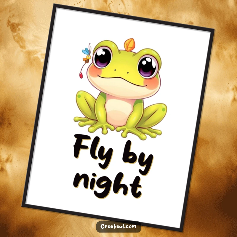 Funny kawaii frog digital art print featuring a cute character with big eyes, humorously focused on catching a fly, perfect for instant charm.