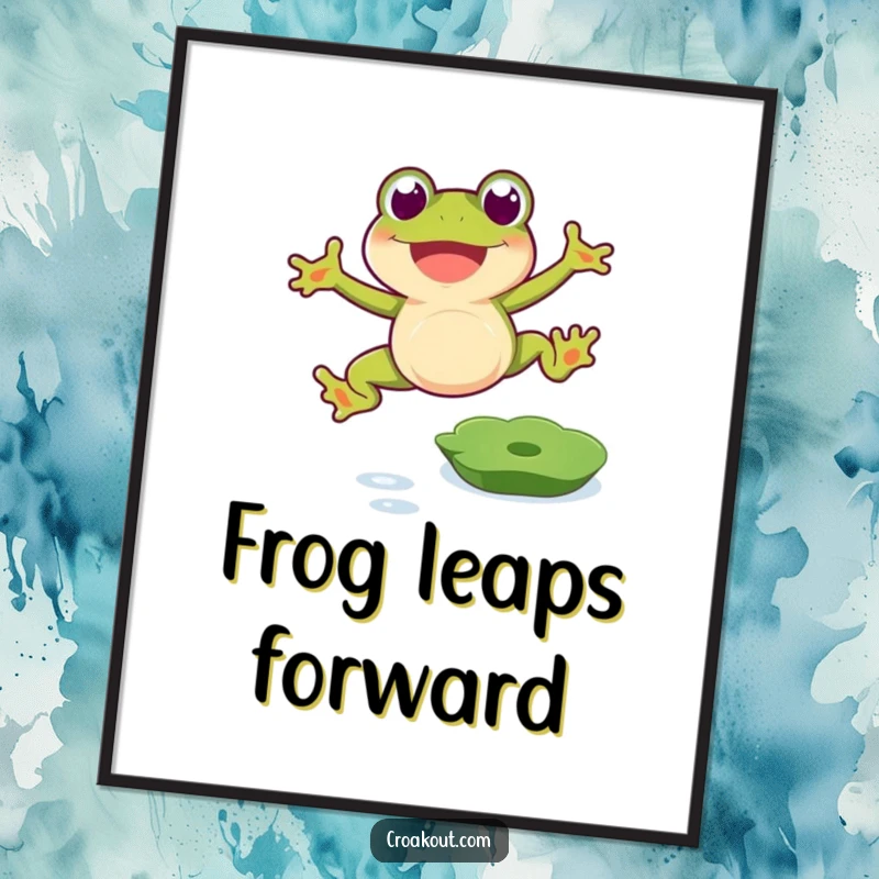 Funny frog digital art print of a happy amphibian leaping over a lily pad with great excitement, a funny gift.