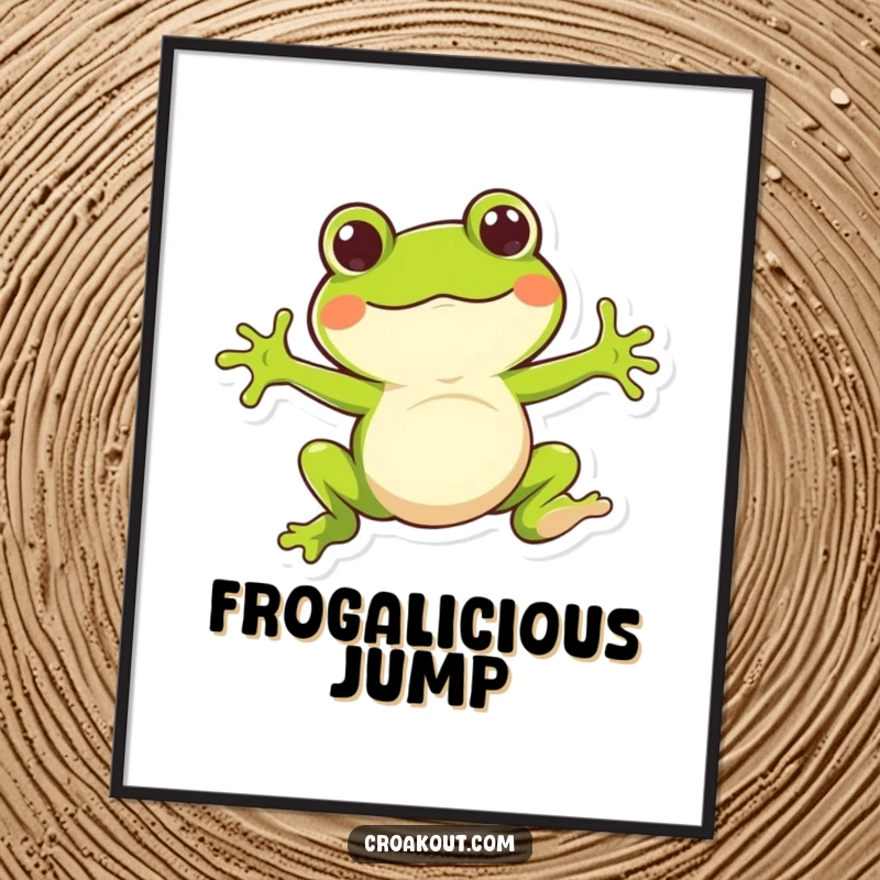 Funny digital art print of a whimsical frog character doing a bouncy jump, evoking a sense of fun, energy, and lighthearted playfulness.