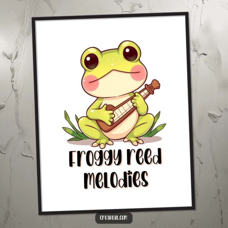 Funny digital art print of a charming frog character playing a miniature reed instrument, evoking a sense of musical talent and whimsical charm.