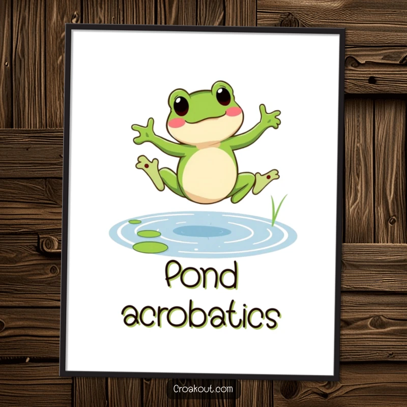 Funny frog digital art print showing a cheerful amphibian doing a cartwheel in a pond, a humorous and vibrant piece.