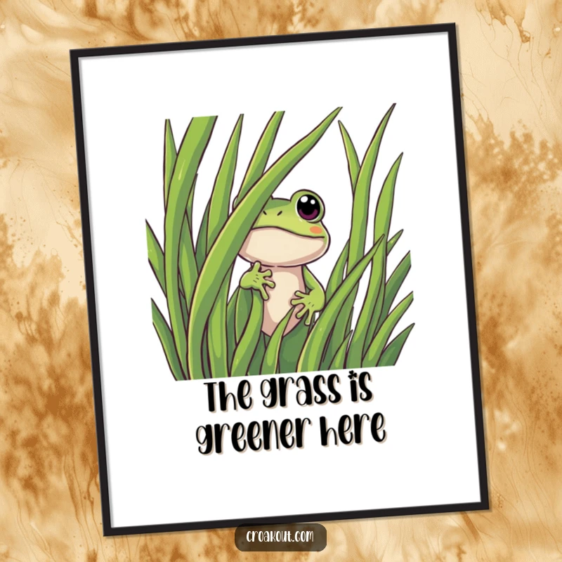 Funny frog digital art print of a curious character peeking from grass, offering a charming and humorous visual for instant decor.