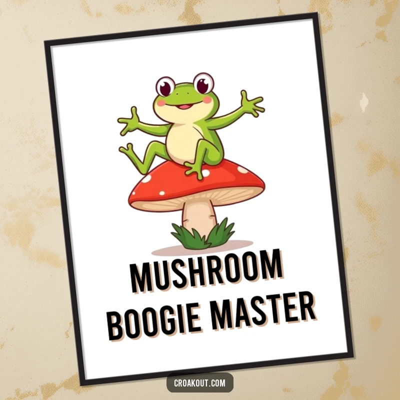 Funny digital art print of a frog character dancing on a wobbly mushroom, for instant whimsical humor.