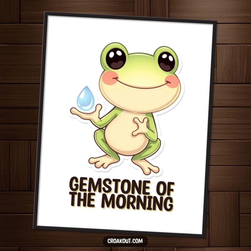 Funny Frog Digital Art Print: A high-quality image of a frog holding a sparkling dewdrop with an expression of pure glee, ideal for decor.