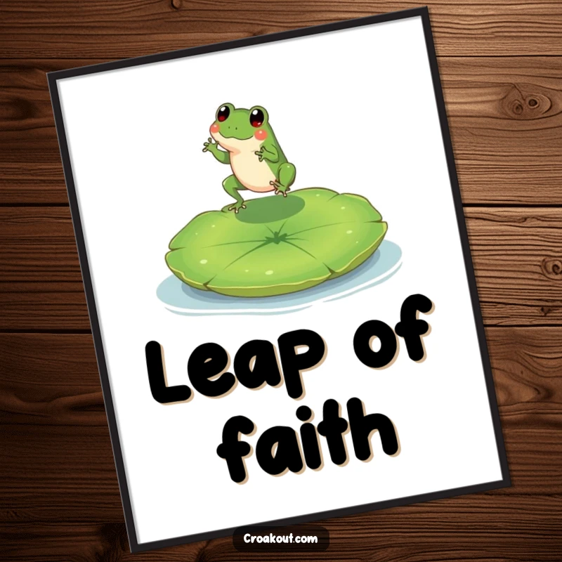 Funny digital art print of a tiny frog character happily leaping onto a large lily pad, full of whimsy.