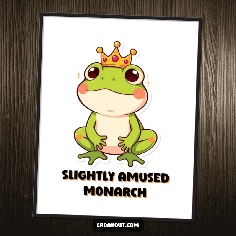 Funny digital art print of a frog wearing a small crown, exuding regal amusement and a sense of playful authority.