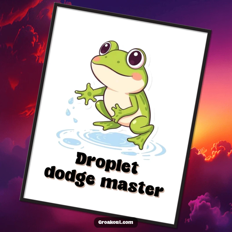 Funny Frog Digital Art Print: A vibrant image of a frog leaping over water droplets, evoking energy, playfulness, and joy.