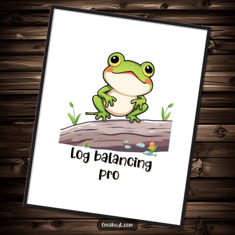 Funny digital art print of a kawaii frog character comically struggling to balance on a log, conveying precariousness and humor for wall decor.