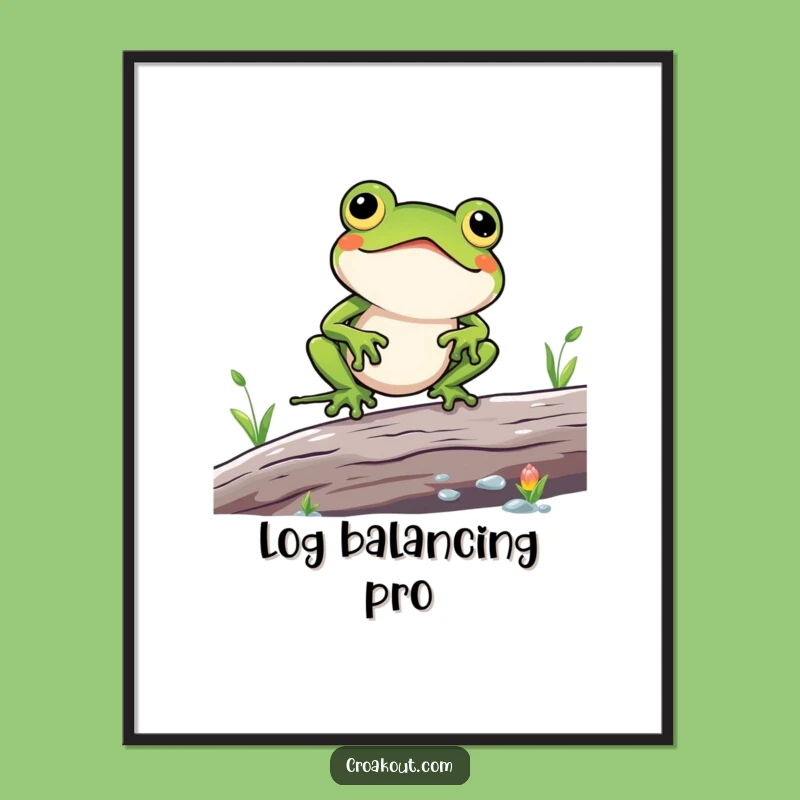 Funny Kawaii Frog Log Balance Digital Art - Hilarious Wall Decor