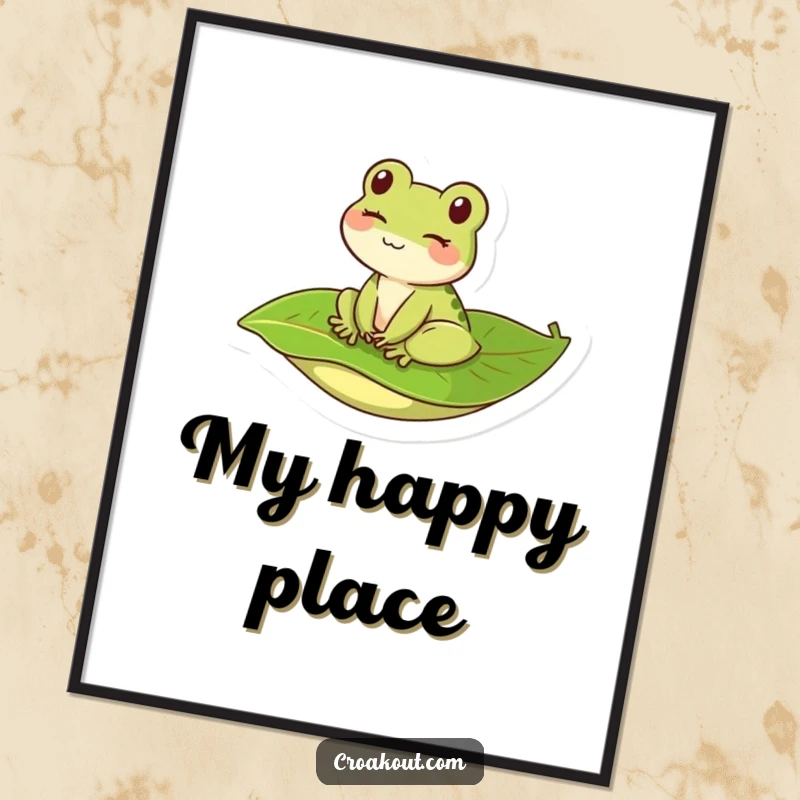 Funny kawaii frog winking on a leaf, as a digital art print ready to be downloaded and framed for humorous decor.