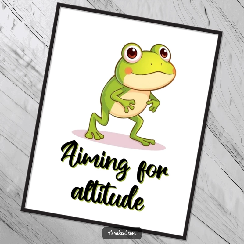 Funny frog digital art print of a little character with long legs in a silly hop, offering whimsical and humorous visual appeal.