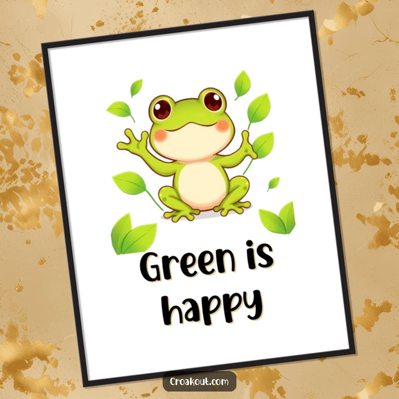 Funny kawaii frog digital art print showing a cute amphibian happily juggling bright green leaves, a cheerful and humorous piece.