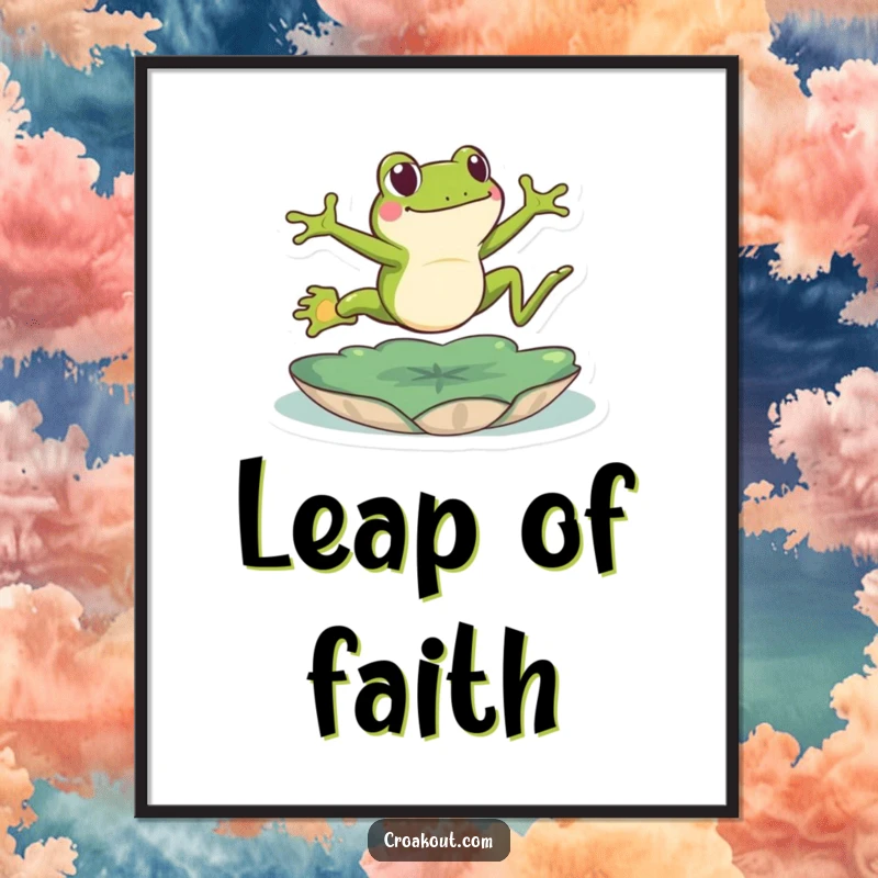 Funny frog digital art print showing an energetic green amphibian mid-leap over a lily pad, a humorous and vibrant piece for walls.