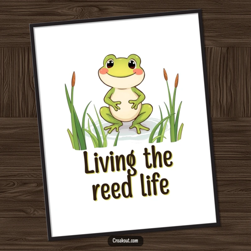 Funny frog digital art print of a beaming character wading through reeds, offering cheerful and humorous visual appeal for instant decor.