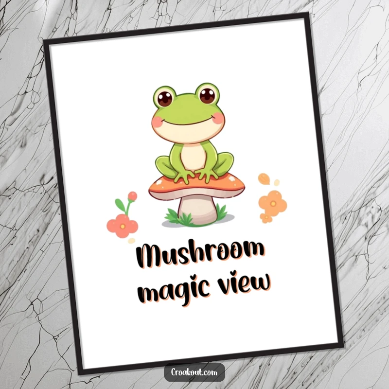 Funny frog digital art print of a happy frog character sitting on a mushroom, its wide grin a perfect centerpiece for whimsical decor.