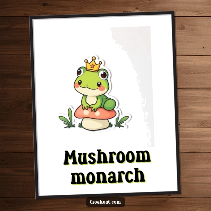 Funny frog digital art print showing a small amphibian wearing a tiny crown, sitting regally on a mushroom, a humorous and grand piece.