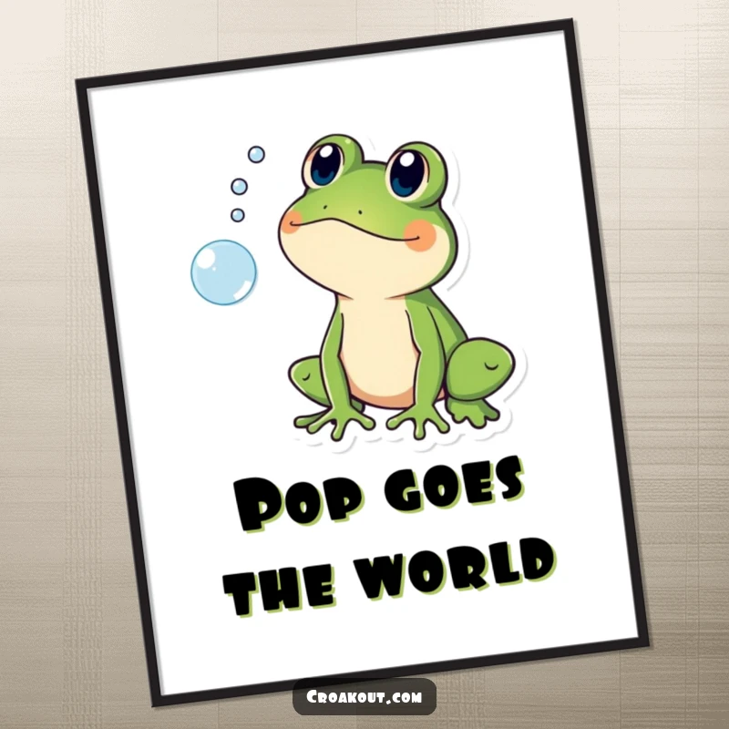 Funny digital art print of a frog character shocked by a popping bubble, for instant humorous surprise.