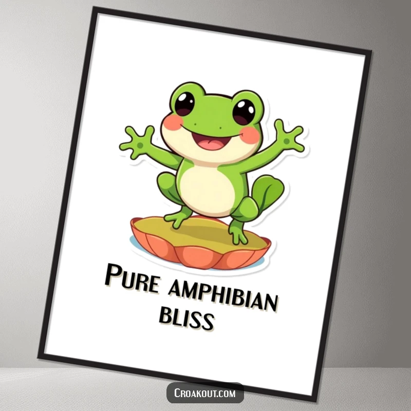 Funny digital art print of a happy frog character joyfully leaping on a lily pad, perfect for instant cheerful wall decor.