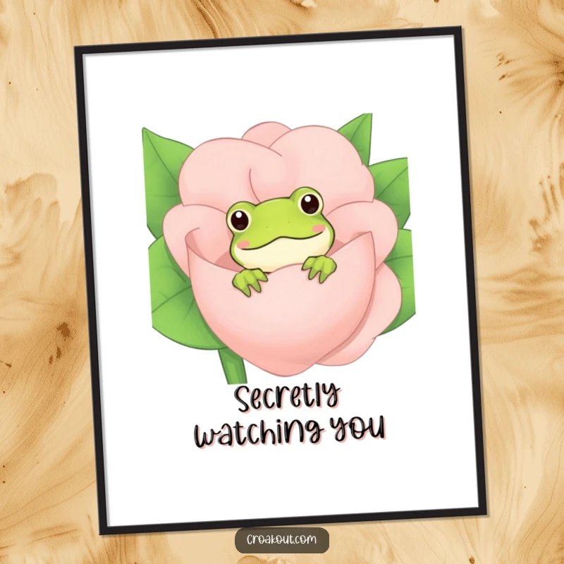 Funny Frog Digital Art Print: A high-resolution image of a frog peeking from behind a large flower, perfect for wall decor.