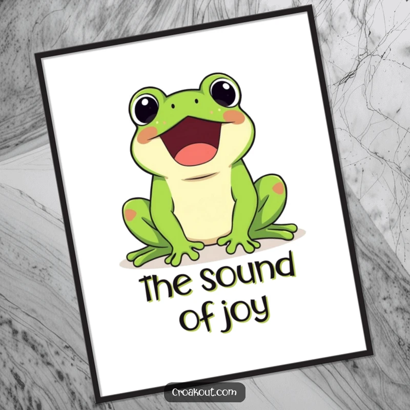 Funny digital art print of a kawaii frog character happily croaking loudly, conveying joy and sound for cheerful wall decor.