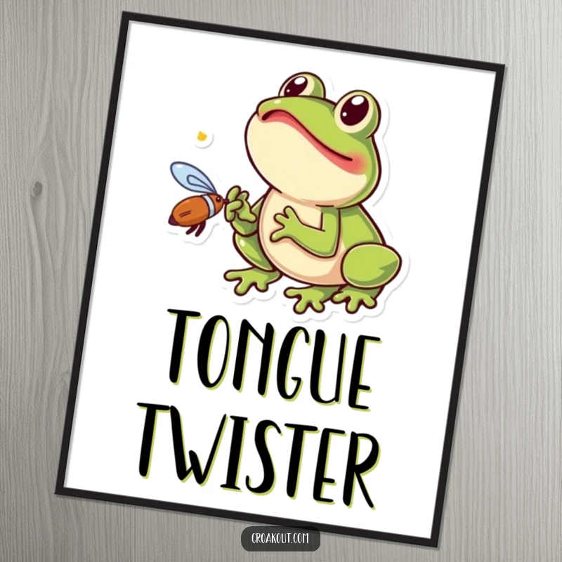 Funny frog digital art print showing a small amphibian excitedly catching a fly with its tongue, a humorous and engaging piece.