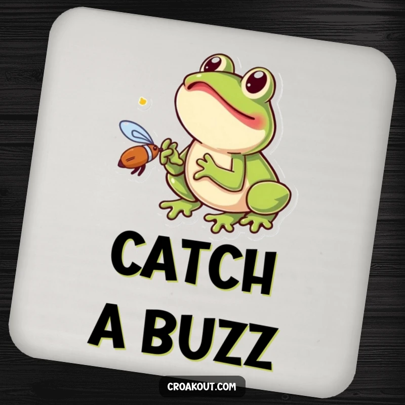 Funny frog coaster depicting a small amphibian excitedly catching a fly with its tongue, a humorous and protective accessory.