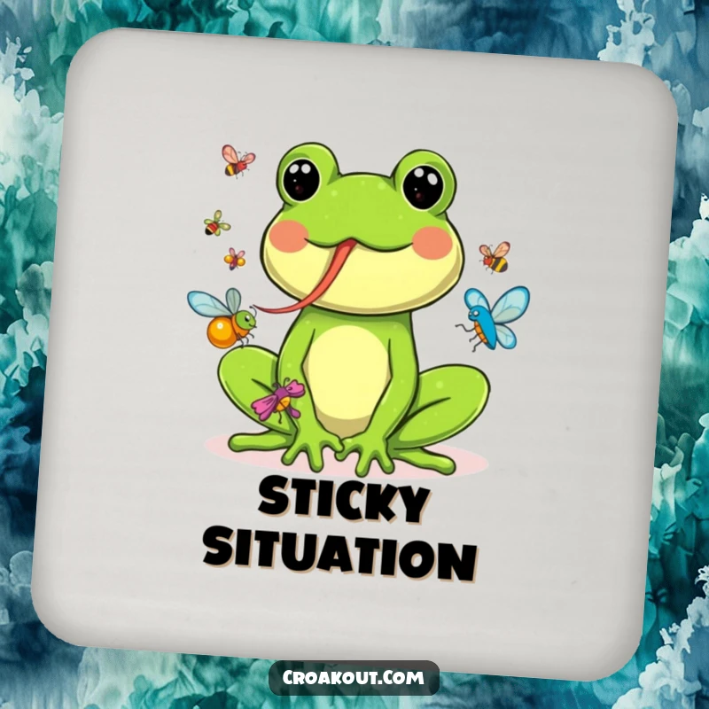 Funny drink coaster showing a happy frog with its tongue out, catching colorful bugs, adding a humorous element to any table.