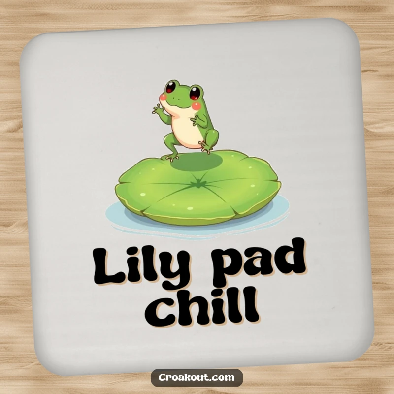 Funny coaster with a tiny frog character leaping onto a large lily pad, protecting surfaces with cute charm.