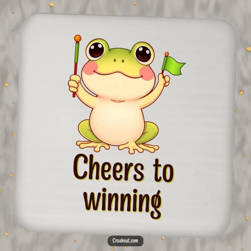 Funny frog drink coaster featuring a delighted frog character waving a tiny flag, adding cartoon joy and surface protection.