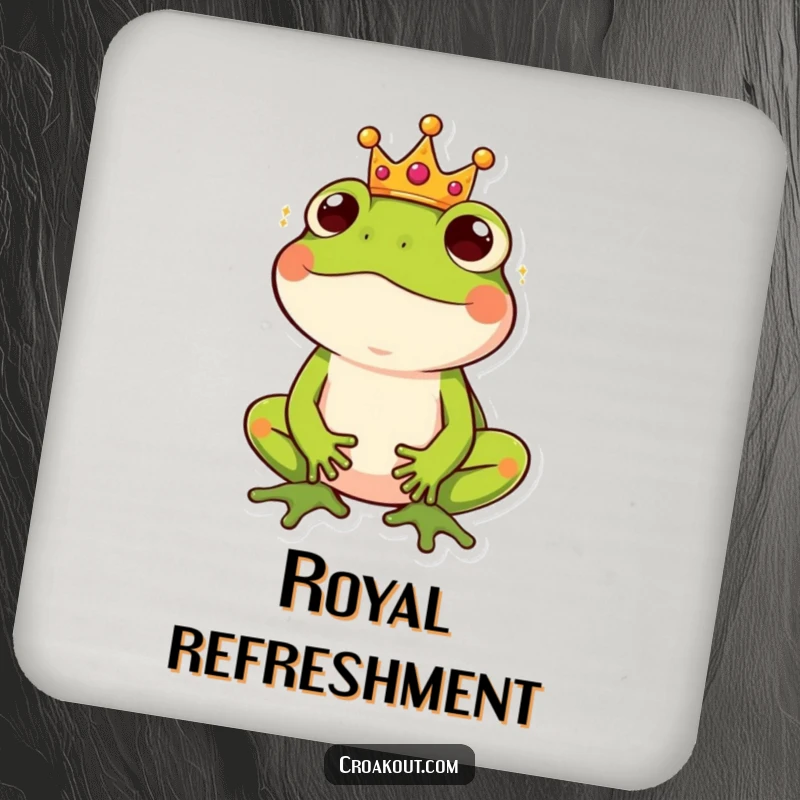Funny drink coaster featuring a frog wearing a tiny crown, looking regal with a hint of amusement.