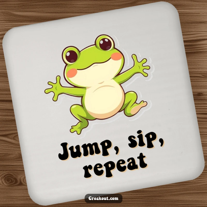 Funny drink coaster featuring a whimsical frog character doing a bouncy jump, bringing a splash of playful energy and humor to any surface.