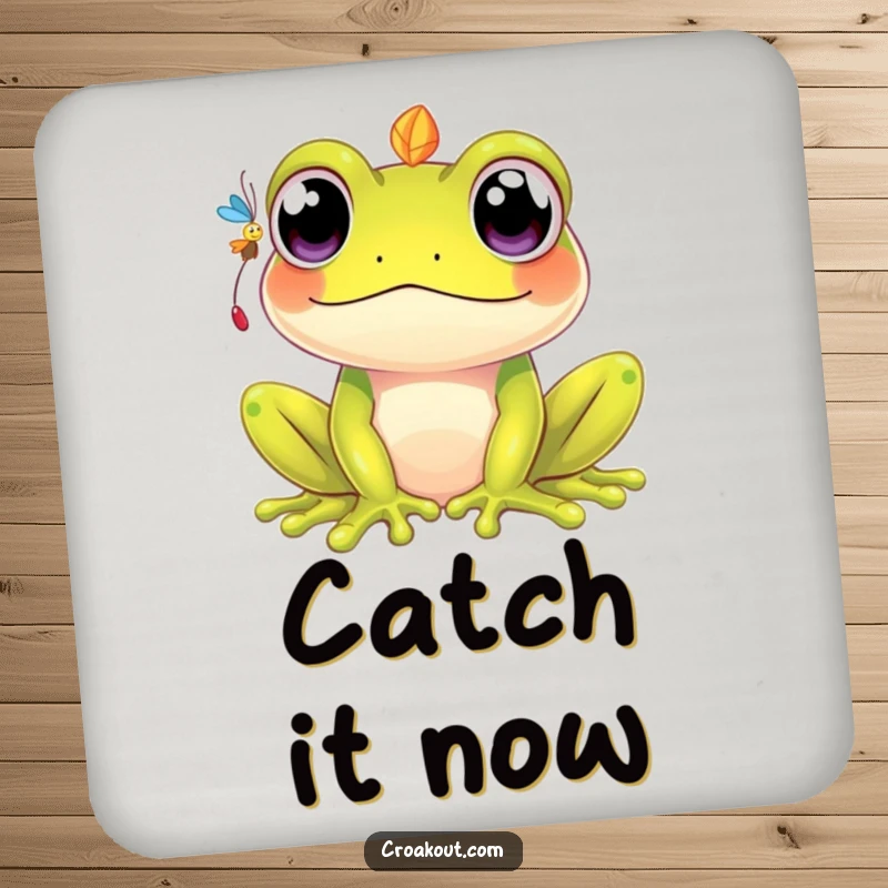 Funny kawaii frog coaster with a cute character wide-eyed, humorously trying to catch a fly, adding charm to tabletops.