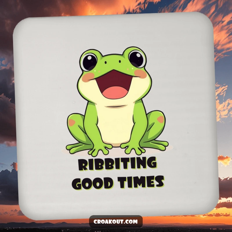 Funny drink coaster featuring a kawaii frog character happily croaking loudly, protecting surfaces with a joyful amphibian design.