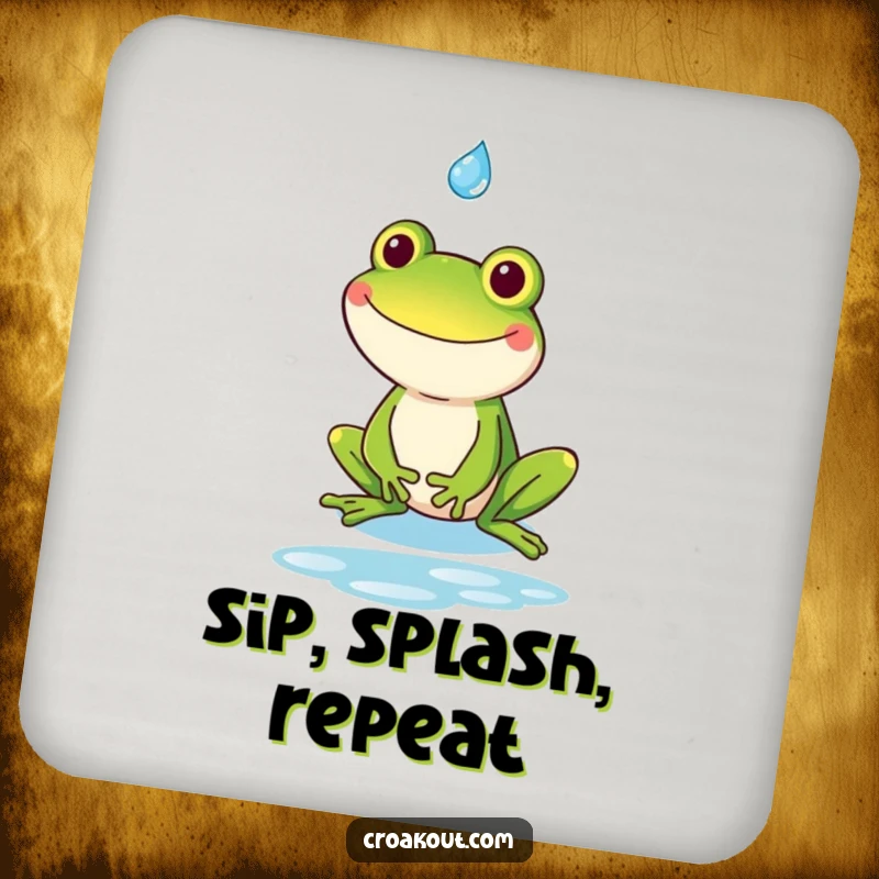 Funny kawaii frog with a goofy grin catching a raindrop, designed on a drink coaster for humorous surface protection.