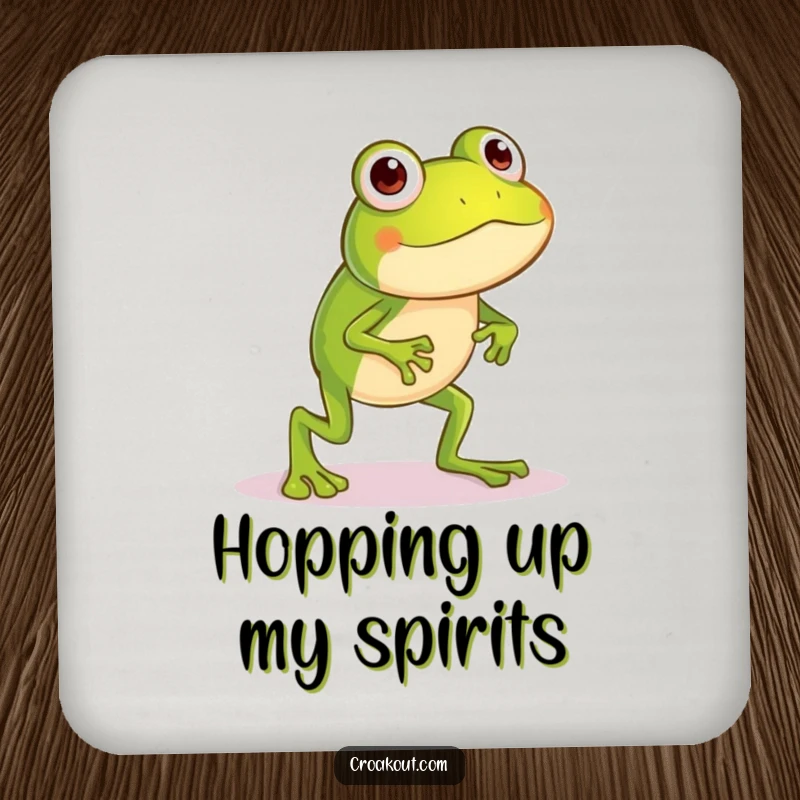 Funny frog coaster displaying a little character with long legs in a silly hop, perfect for adding protective, humorous flair.
