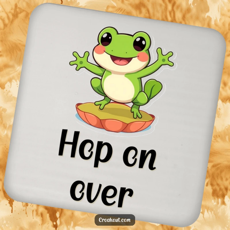 Funny drink coaster with a happy frog character mid-leap on a lily pad, adding a touch of playful protection.